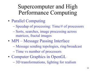 Supercomputer and High Performance Computing Parallel Computing Speedup of processing: Time/# of processors Sorts, searches, image processing across matrices, fractal images MPI – Message Passing Interface  Message sending topologies, ring/broadcast Time vs number of processors Computer Graphics in OpenGL 3D transformations, lighting for realism 