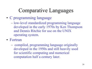 Comparative Languages C programming language  low-level standardized programming language developed in the early 1970s by Ken Thompson and Dennis Ritchie for use on the UNIX operating system.  Fortran compiled, programming language originally developed in the 1950s and still heavily used for scientific computing and numerical computation half a century later.  