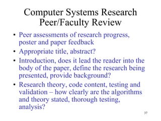 Computer Systems Research Peer/Faculty Review Peer assessments of research progress, poster and paper feedback Appropriate title, abstract? Introduction, does it lead the reader into the body of the paper, define the research being presented, provide background? Research theory, code content, testing and  validation – how clearly are the algorithms and theory stated, thorough testing, analysis? 