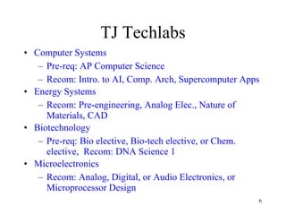 TJ Techlabs Computer Systems Pre-req: AP Computer Science Recom: Intro. to AI, Comp. Arch, Supercomputer Apps  Energy Systems Recom: Pre-engineering, Analog Elec., Nature of Materials, CAD  Biotechnology Pre-req: Bio elective, Bio-tech elective, or Chem. elective,  Recom: DNA Science 1  Microelectronics Recom: Analog, Digital, or Audio Electronics, or Microprocessor Design  