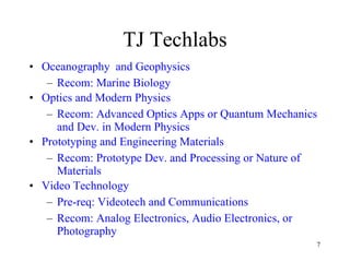 TJ Techlabs Oceanography  and Geophysics Recom: Marine Biology  Optics and Modern Physics Recom: Advanced Optics Apps or Quantum Mechanics and Dev. in Modern Physics  Prototyping and Engineering Materials Recom: Prototype Dev. and Processing or Nature of Materials  Video Technology Pre-req: Videotech and Communications Recom: Analog Electronics, Audio Electronics, or Photography 