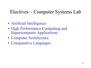 Electives – Computer Systems Lab Artificial Intelligence High Performance Computing and Supercomputer Applications Computer Architecture Comparative Languages 