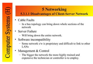 5 Networking 5. 3.1.1 Disadvantages of Client-Server Network <ul><li>Cable Faults </li></ul><ul><ul><li>In a bus topology ...