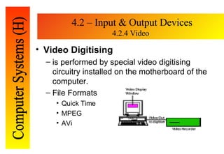 4.2 – Input & Output Devices 4.2.4 Video <ul><li>Video Digitising </li></ul><ul><ul><li>is performed by special video digi...