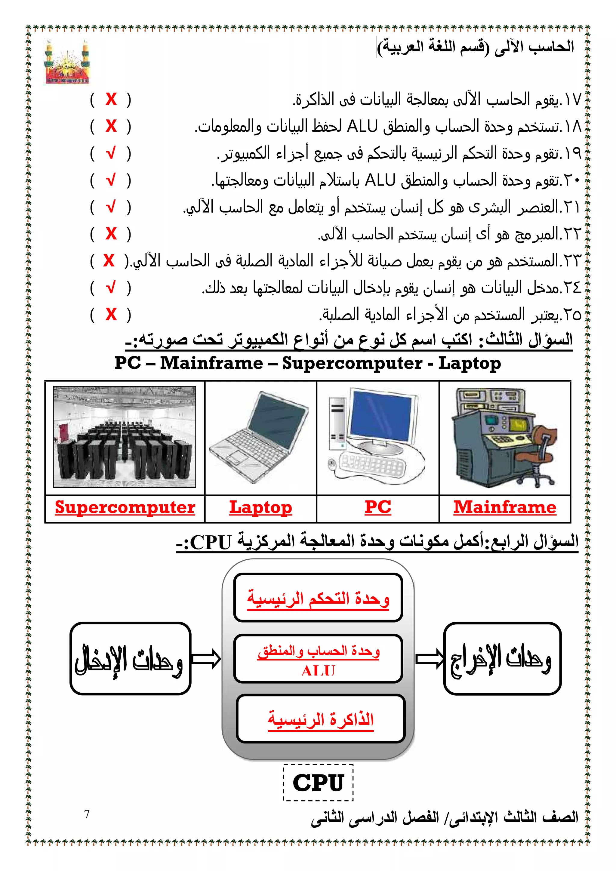 (‫اﻟﻌﺮﺑﯿﺔ‬ ‫اﻟﻠﻐﺔ‬ ‫)ﻗﺴﻢ‬ ‫اﻵﻟﻰ‬ ‫اﻟﺤﺎﺳﺐ‬
‫اﻹﺑﺘﺪاﺋﻰ‬ ‫اﻟﺜﺎﻟﺚ‬ ‫اﻟﺼﻒ‬/‫اﻟﺪراﺳﻰ‬ ‫اﻟﻔﺼﻞ‬‫اﻟﺜﺎﻧﻰ‬7
١٧.‫اﻟﺑﻳﺎﻧ‬ ‫ﺑﻣﻌﺎﻟﺟﺔ‬ ‫اﻵﻟﻰ‬ ‫اﻟﺣﺎﺳب‬ ‫ﻳﻘوم‬.‫اﻟذاﻛﺮة‬ ‫ﻓﻰ‬ ‫ﺎت‬)X(
١٨.‫واﻟﻣﻧطق‬ ‫اﻟﺣﺳﺎب‬ ‫وﺣدة‬ ‫ﺗﺳﺗﺧدم‬ALU.‫واﻟﻣﻌﻠوﻣﺎت‬ ‫اﻟﺑﻳﺎﻧﺎت‬ ‫ﻟﺣﻔظ‬)X(
١٩..‫اﻟﻛﻣﺑﻳوﺗﺮ‬ ‫أﺟﺰاء‬ ‫ﺟﻣﻳﻊ‬ ‫ﻓﻰ‬ ‫ﺑﺎﻟﺗﺣﻛم‬ ‫اﻟﺮﺋﻳﺳﻳﺔ‬ ‫اﻟﺗﺣﻛم‬ ‫وﺣدة‬ ‫ﺗﻘوم‬)√(
٢٠.‫واﻟﻣﻧطق‬ ‫اﻟﺣﺳﺎب‬ ‫وﺣدة‬ ‫ﺗﻘوم‬ALU.‫وﻣﻌﺎﻟﺟﺗﮫﺎ‬ ‫اﻟﺑﻳﺎﻧﺎت‬ ‫ﺑﺎﺳﺗﻼم‬)√(
٢١.‫اﻟﺑﺷﺮى‬ ‫اﻟﻌﻧﺻﺮ‬‫ھ‬‫و‬‫إﻧﺳﺎن‬ ‫ﻛل‬‫ﻳﺳﺗﺧد‬‫ﻣﻊ‬ ‫ﻳﺗﻌﺎﻣل‬ ‫أو‬ ‫م‬‫اﻵ‬ ‫اﻟﺣﺎﺳب‬.‫ﻟﻲ‬)√(
٢٢.‫اﻟﻣﺑﺮﻣﺞ‬‫اﻵ‬ ‫اﻟﺣﺎﺳب‬ ‫ﻳﺳﺗﺧدم‬ ‫إﻧﺳﺎن‬ ‫أى‬ ‫ھو‬‫ﻟﻰ‬.)X(
٢٣.‫ﺻﻳﺎﻧﺔ‬ ‫ﺑﻌﻣل‬ ‫ﻳﻘوم‬ ‫ﻣن‬ ‫ھو‬ ‫اﻟﻣﺳﺗﺧدم‬‫ﻟﻸﺟﺰاء‬‫اﻵ‬ ‫اﻟﺣﺎﺳب‬ ‫ﻓﻰ‬ ‫اﻟﺻﻠﺑﺔ‬ ‫اﻟﻣﺎدﻳﺔ‬.‫ﻟﻲ‬)X(
٢٤.‫اﻟﺑﻳﺎﻧﺎت‬ ‫ﻣدﺧل‬.‫ذﻟك‬ ‫ﺑﻌد‬ ‫ﻟﻣﻌﺎﻟﺟﺗﮫﺎ‬ ‫اﻟﺑﻳﺎﻧﺎت‬ ‫ﺑﺈدﺧﺎل‬ ‫ﻳﻘوم‬ ‫إﻧﺳﺎن‬ ‫ھو‬)√(
٢٥.‫ا‬ ‫ﻣن‬ ‫اﻟﻣﺳﺗﺧدم‬ ‫ﻳﻌﺗﺑﺮ‬‫ﻷﺟﺰاء‬.‫اﻟﺻﻠﺑﺔ‬ ‫اﻟﻣﺎدﻳﺔ‬)X(
‫اﻟﺴﺆال‬‫اﻟﺜﺎﻟﺚ‬::‫ﺻﻮرﺗﮫ‬ ‫ﺗﺤﺖ‬ ‫اﻟﻜﻤﺒﯿﻮﺗﺮ‬ ‫أﻧﻮاع‬ ‫ﻣﻦ‬ ‫ﻧﻮع‬ ‫ﻛﻞ‬ ‫اﺳﻢ‬ ‫اﻛﺘﺐ‬-
PC – Mainframe – Supercomputer - Laptop
Supercomputer Laptop PC Mainframe
‫اﻟﻤﺮﻛﺰﯾﺔ‬ ‫اﻟﻤﻌﺎﻟﺠﺔ‬ ‫وﺣﺪة‬ ‫ﻣﻜﻮﻧﺎت‬ ‫اﻟﺮاﺑﻊ:أﻛﻤﻞ‬ ‫اﻟﺴﺆال‬CPU:-
‫اﻟﺮﺋﯿﺴﯿﺔ‬ ‫اﻟﺘﺤﻜﻢ‬ ‫وﺣﺪة‬
‫واﻟﻤﻨﻄﻖ‬ ‫اﻟﺤﺴﺎب‬ ‫وﺣﺪة‬
ALU
‫اﻟﺮﺋﯿﺴﯿﺔ‬ ‫اﻟﺬاﻛﺮة‬
CPU
 