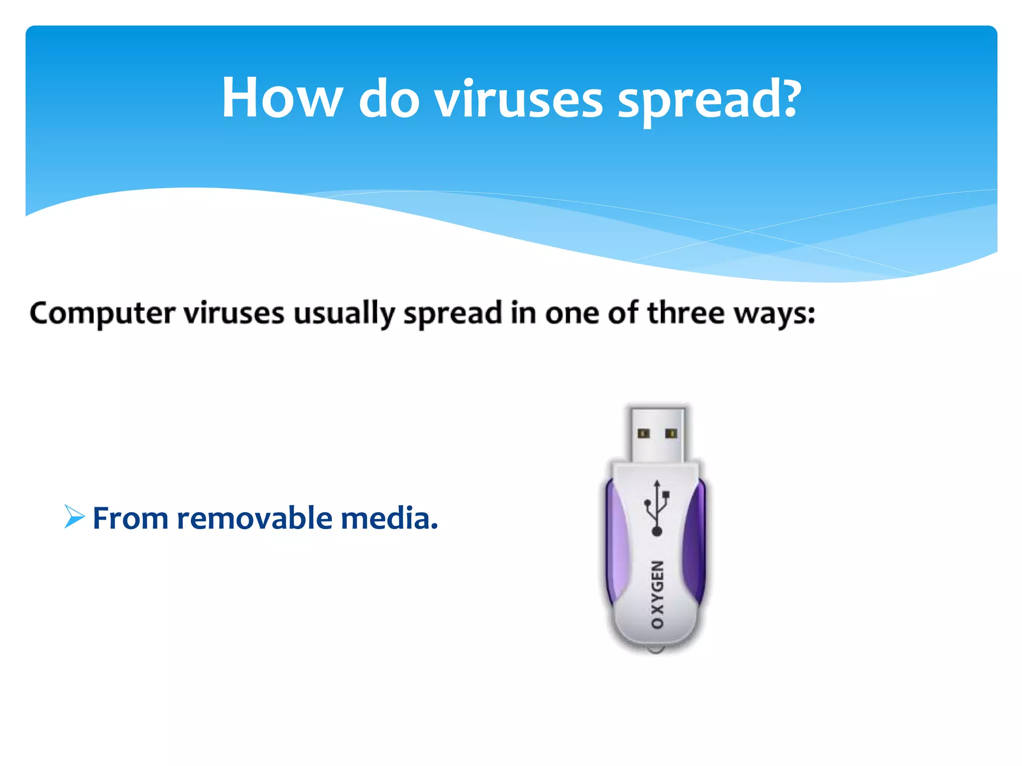 From removable media.
How do viruses spread?
 