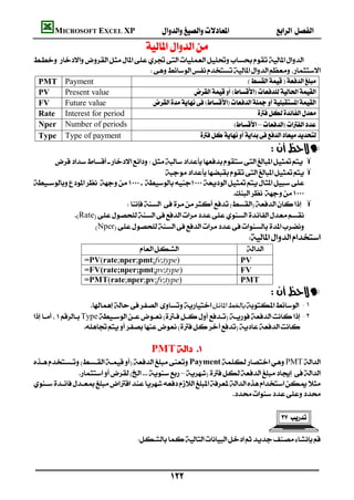 MICROSOFT EXCEL XP                                     
                                   

                                   
  PMT Payment                                                           
  PV      Present value                           
  FV      Future value              
  Rate Interest for period                                                 
  Nper Number of periods                                         –
  Type Type of payment                               
                                                                                 —
       ï
                                             ï

                                                                 
                               ï
            Rate
                    Nper
                                                                       
                                                           
                 =PV(rate;nper;pmt;fv;type)                            PV
                 =FV(rate;nper;pmt;pv;type)                           FV
                 =PMT(rate;nper;pv;fv;type)                            PMT
                                                                                 —
                          -١
Type -٢
                       

                                      PMT 
PaymentPMT
              –

                                                                 
                                                                                           
                                                                                     

                                  



                                              
 