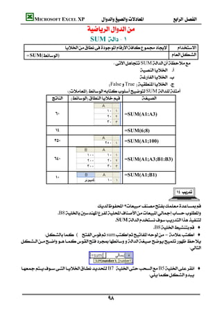 MICROSOFT EXCEL XP                              
                                
                                   SUM  -١
                              
  =SUM()                                                           
                                              SUM
                                                             
                                                            
                                            FalseTrue  
                      SUM
                            

                                                  =SUM(A1:A3)


                                                  =SUM(6;8)
                                                 =SUM(A1;100)


                                                 =SUM(A1;A3;B1:B3)


                                                  =SUM(A1;B1)


                                                                               
                                                                                       
                                      
                B8
                                               SUM
                                                                 B8 ♦
           (sum= ♦

                                                                                  

                                  
B7 B5 ♦
                                                             



                                            
 
