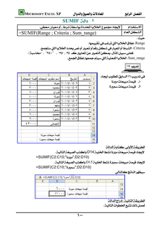 MICROSOFT EXCEL XP                                                                  
                                                                 SUMIF  -٢
                                                                             
                   =SUMIF(Range ; Criteria ; Sum_range)                                                                       
                                                                                                                                    
                                                                                                    Range
                                                         Criteria
"<"
                                                                                    Sum_range

                                                                                                                           
                                                                                                                                    
                                                                                                     
                                                                                                              
                                                                                                              

                                                                                                        
                                                                                                        
                                                                                                        
                                                                                                        
                                                                                                        
                                                                                                        
                                                                                                        
                                                                                                        
                                                                                                        
                                                                                                        
                                                                                                        
                                                                               
                                             D14
                                     =SUMIF(C2:C10;"";D2:D10)
                                            D15
                                     =SUMIF(C2:C10;"";D2:D10)
                                                                                     




                                 
                                                                                                             
                                                                                                         

                                                                                
 