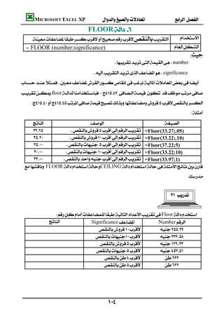 MICROSOFT EXCEL XP                                 
                                 FLOOR 
                   
  = FLOOR (number;significance)                                              
                                                                                    
                                             number
                                   significance

floor–
    
                                                                                     
                                                           
                    =Floor(33.27;.05)
                     =Floor(33.22;.10)
                    =Floor(37.22;5)
                  =Floor(33.22;10)
                =Floor(33.97;1)
 FLOORCEILING
                                                                                    


                                                                             


               Floor
                           Significance              Number
                                              
                                             
                                               
                                             
                                                   
                                                   
                                                                                        
                                                                                        

                                           
 