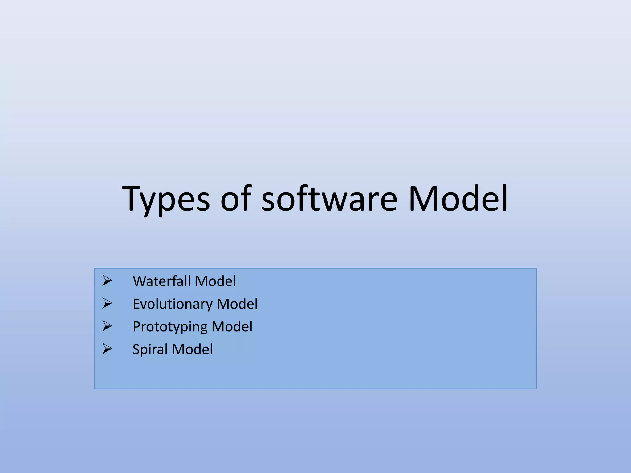 Types of software Model
 Waterfall Model
 Evolutionary Model
 Prototyping Model
 Spiral Model
 