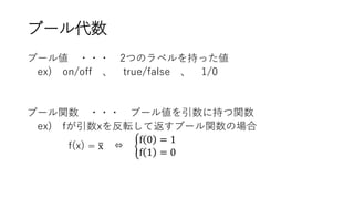 ブール代数
ブール値 ・・・ 2つのラベルを持った値
ex) on/off 、 true/false 、 1/0
ブール関数 ・・・ ブール値を引数に持つ関数
ex) fが引数xを反転して返すブール関数の場合
f(x) = തx ⇔ ቊ
f 0 = 1
f 1 = 0
 