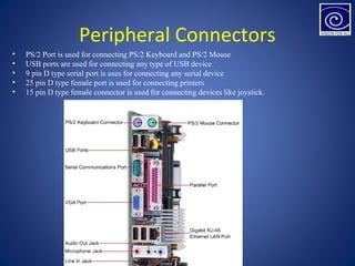 Peripheral Connectors
• PS/2 Port is used for connecting PS/2 Keyboard and PS/2 Mouse
• USB ports are used for connecting any type of USB device
• 9 pin D type serial port is uses for connecting any serial device
• 25 pin D type female port is used for connecting printers
• 15 pin D type female connector is used for connecting devices like joystick.
 