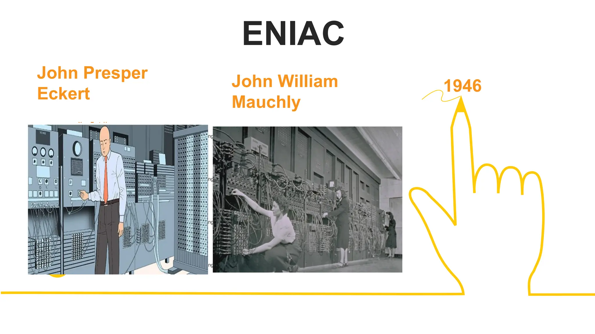 ENIAC
01
Your Text Here
You can simply impress your audience and add a unique zing and appeal to your Presentations. Easy to change colors,
photos and Text.
Your Text Here
You can simply impress your audience and add a unique zing and appeal to your Presentations. Easy to change colors,
photos and Text.
Your Text Here
You can simply impress your audience and add a unique zing and appeal to your Presentations. Easy to change colors,
photos and Text.
Your Text Here
You can simply impress your audience and add a unique zing and appeal to your Presentations. Easy to change colors,
photos and Text.
02
03
04
John Presper
Eckert
John William
Mauchly
1946
 