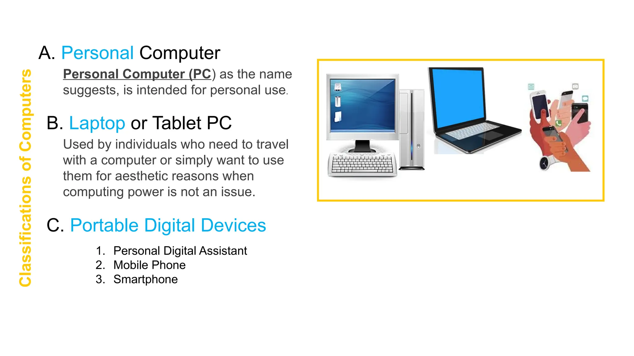 Classifications
of
Computers
A. Personal Computer
Personal Computer (PC) as the name
suggests, is intended for personal use.
B. Laptop or Tablet PC
Used by individuals who need to travel
with a computer or simply want to use
them for aesthetic reasons when
computing power is not an issue.
C. Portable Digital Devices
1. Personal Digital Assistant
2. Mobile Phone
3. Smartphone
 
