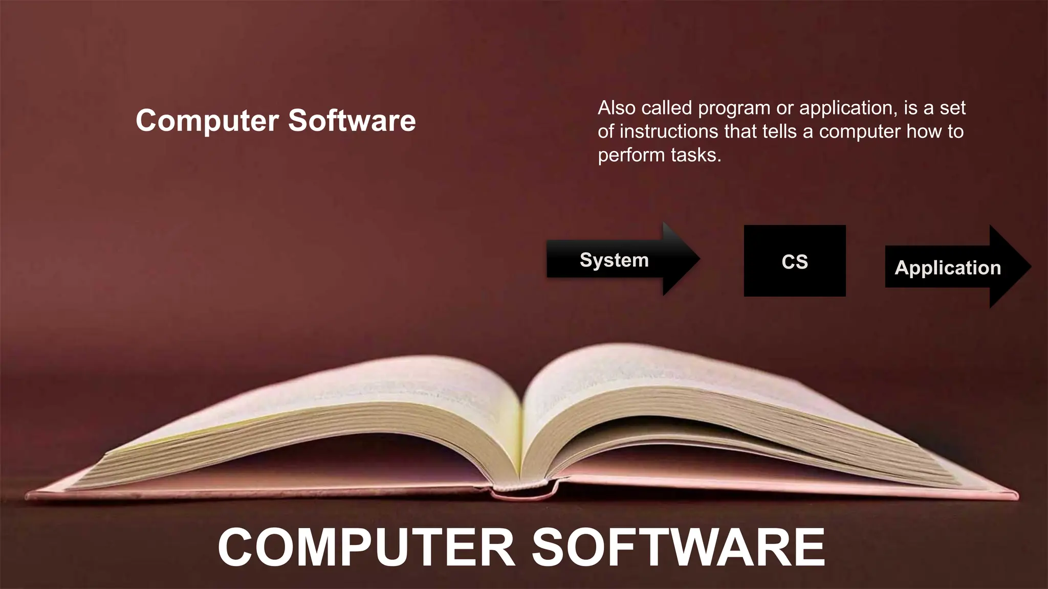 COMPUTER SOFTWARE
Computer Software
Also called program or application, is a set
of instructions that tells a computer how to
perform tasks.
System CS Application
 
