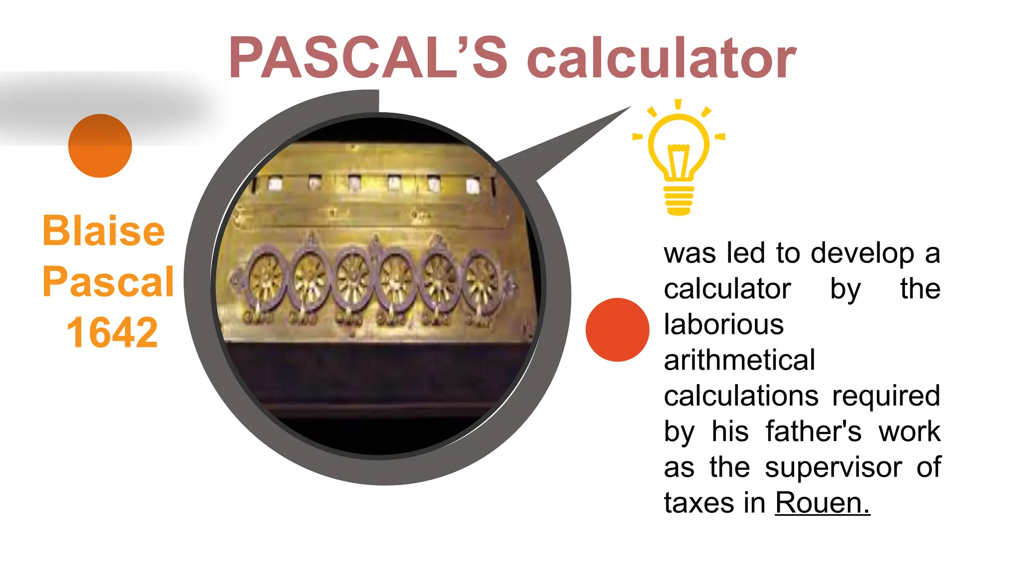 PASCAL’S calculator
Blaise
Pascal
1642
was led to develop a
calculator by the
laborious
arithmetical
calculations required
by his father's work
as the supervisor of
taxes in Rouen.
 