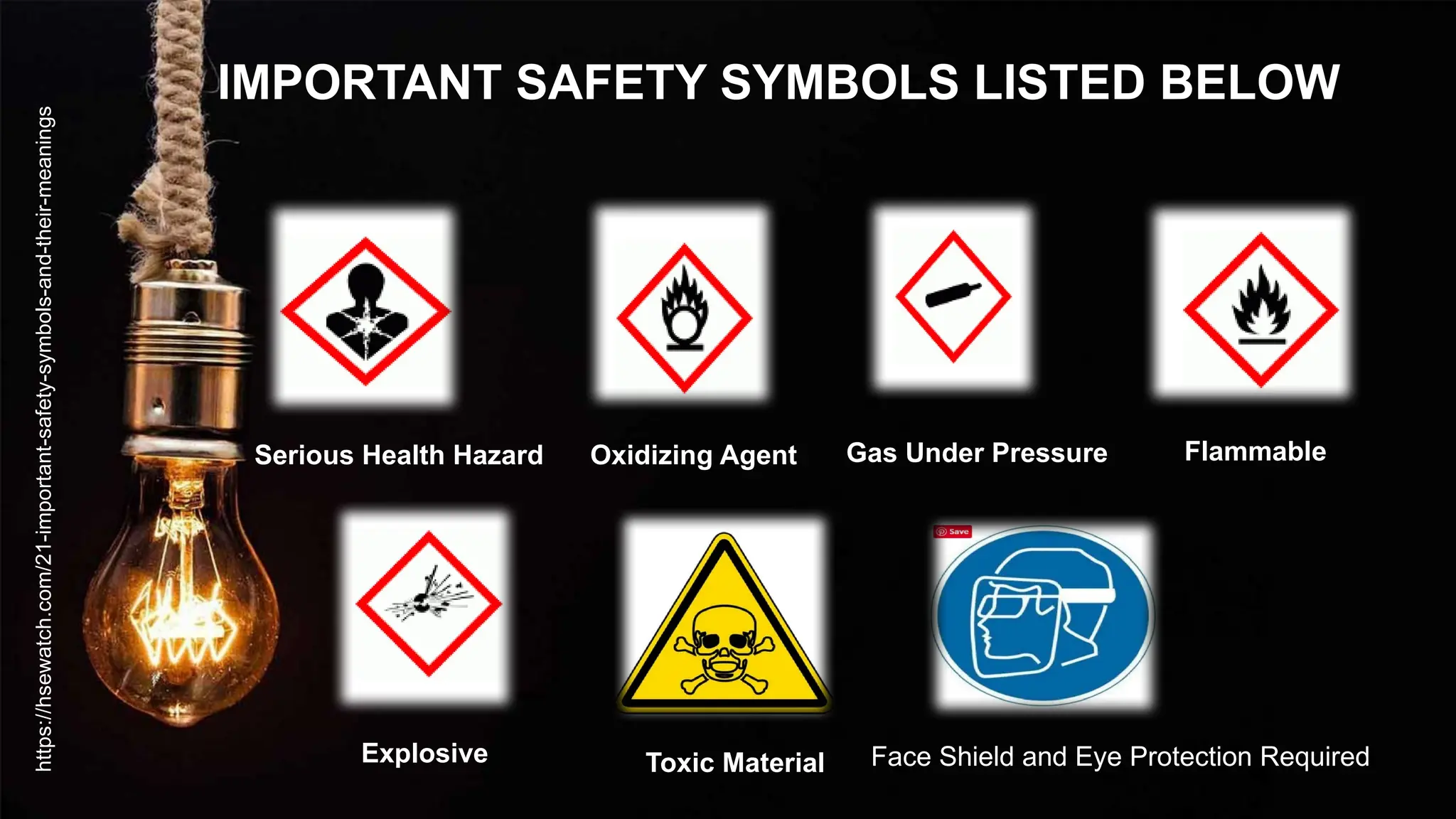 IMPORTANT SAFETY SYMBOLS LISTED BELOW
Serious Health Hazard Oxidizing Agent Gas Under Pressure Flammable
Explosive Toxic Material Face Shield and Eye Protection Required
https://hsewatch.com/21-important-safety-symbols-and-their-meanings
 