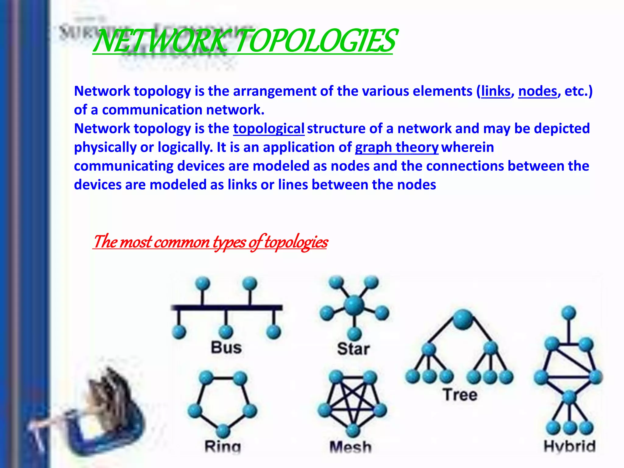 NETWORKTOPOLOGIES
Network topology is the arrangement of the various elements (links, nodes, etc.)
of a communication network.
Network topology is the topologicalstructure of a network and may be depicted
physically or logically. It is an application of graph theorywherein
communicating devices are modeled as nodes and the connections between the
devices are modeled as links or lines between the nodes
Themostcommontypesof topologies
 