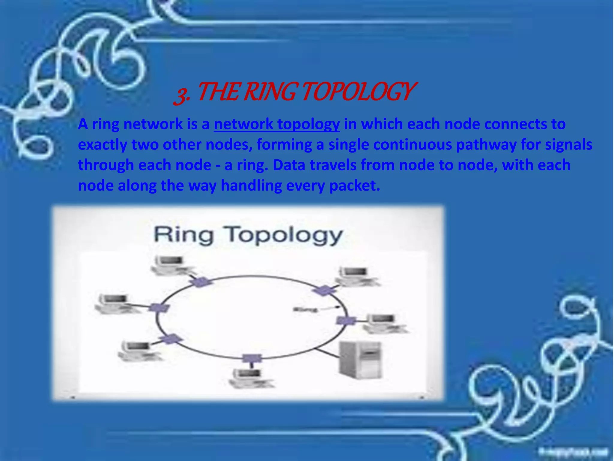 3. THERINGTOPOLOGY
A ring network is a network topology in which each node connects to
exactly two other nodes, forming a single continuous pathway for signals
through each node - a ring. Data travels from node to node, with each
node along the way handling every packet.
 