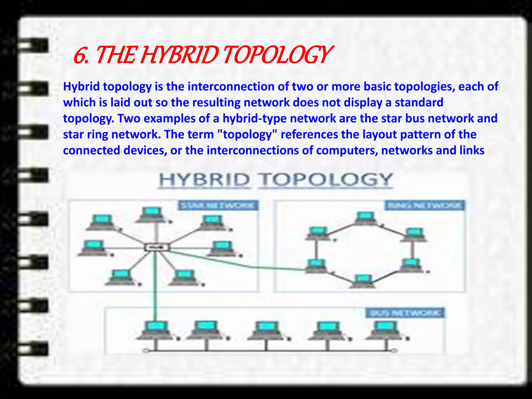 6. THE HYBRIDTOPOLOGY
Hybrid topology is the interconnection of two or more basic topologies, each of
which is laid out so the resulting network does not display a standard
topology. Two examples of a hybrid-type network are the star bus network and
star ring network. The term "topology" references the layout pattern of the
connected devices, or the interconnections of computers, networks and links
 