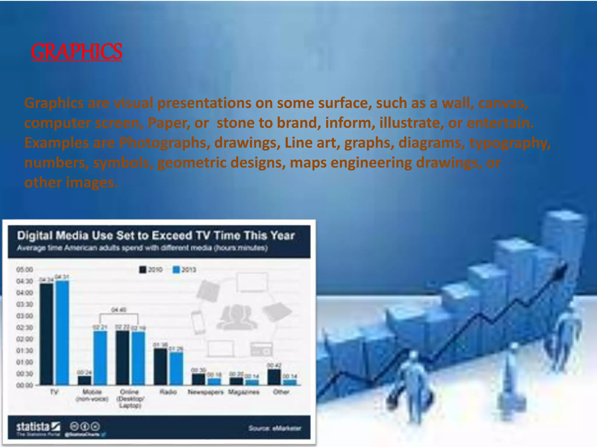 GRAPHICS
Graphics are visual presentations on some surface, such as a wall, canvas,
computer screen, Paper, or stone to brand, inform, illustrate, or entertain.
Examples are Photographs, drawings, Line art, graphs, diagrams, typography,
numbers, symbols, geometric designs, maps engineering drawings, or
other images.
 
