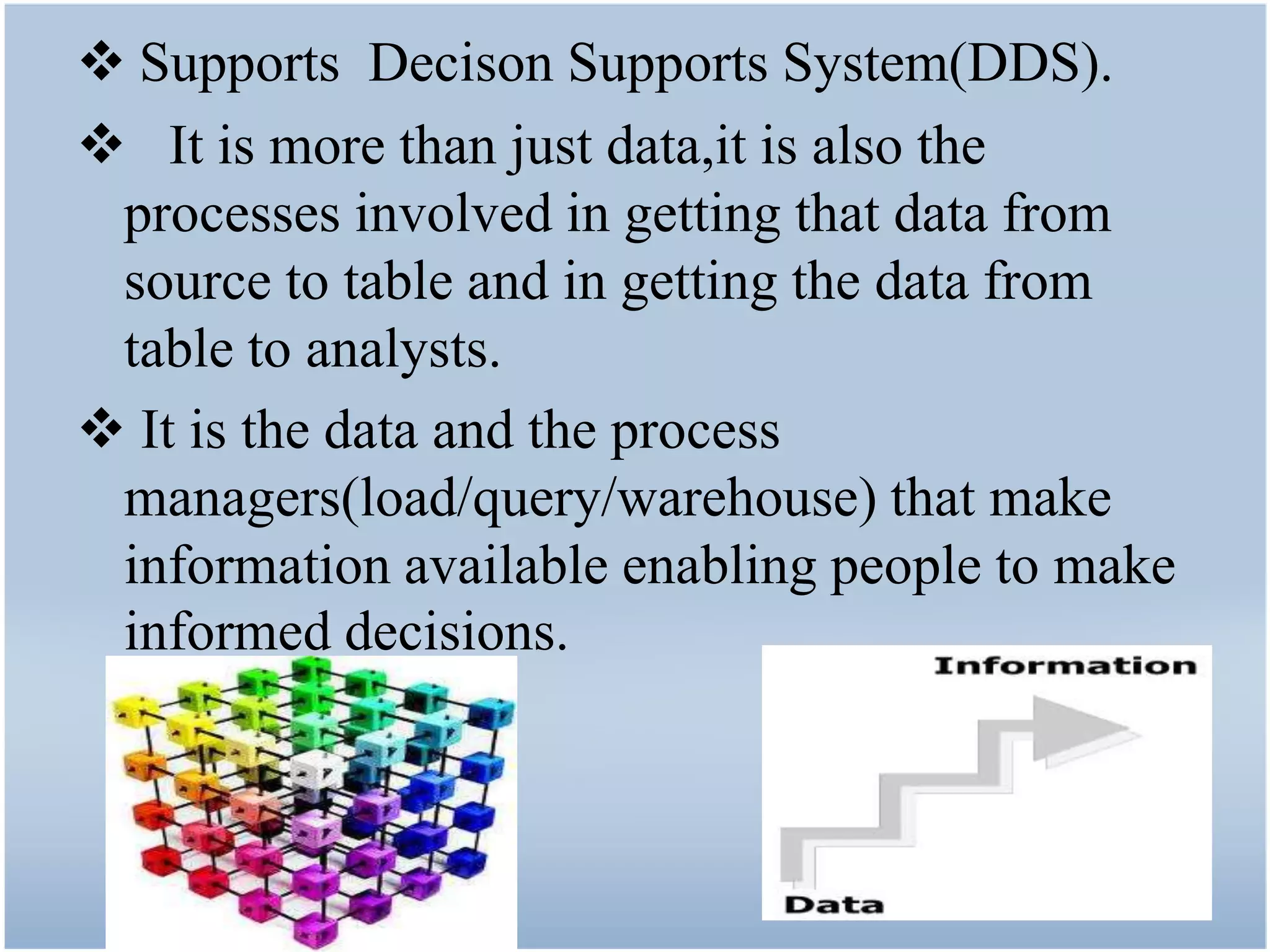  Supports Decison Supports System(DDS).
 It is more than just data,it is also the
 processes involved in getting that data from
 source to table and in getting the data from
 table to analysts.
 It is the data and the process
 managers(load/query/warehouse) that make
 information available enabling people to make
 informed decisions.
 