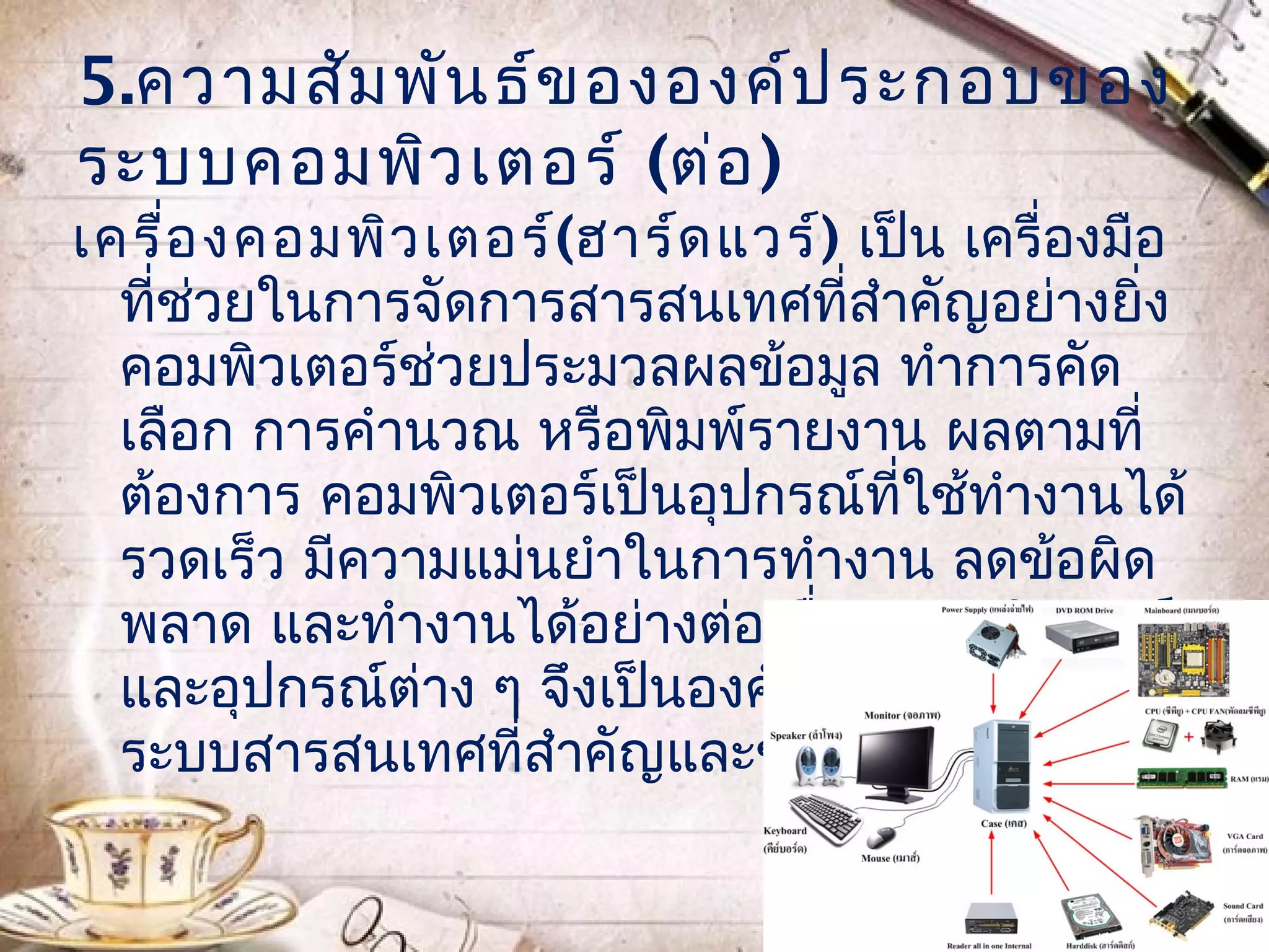 5.ความสัม พัน ธ์ข ององค์ป ระกอบของ
ระบบคอมพิว เตอร์ (ต่อ )
เครื่อ งคอมพิว เตอร์(ฮาร์ด แวร์) เป็น เครื่องมือ
  ที่ช่วยในการจัดการสารสนเทศที่สำาคัญอย่างยิ่ง
  คอมพิวเตอร์ชวยประมวลผลข้อมูล ทำาการคัด
                ่
  เลือก การคำานวณ หรือพิมพ์รายงาน ผลตามที่
  ต้องการ คอมพิวเตอร์เป็นอุปกรณ์ที่ใช้ทำางานได้
  รวดเร็ว มีความแม่นยำาในการทำางาน ลดข้อผิด
  พลาด และทำางานได้อย่างต่อเนือง คอมพิวเตอร์
                               ่
  และอุปกรณ์ต่าง ๆ จึงเป็นองค์ประกอบหนึงของ
                                         ่
  ระบบสารสนเทศที่สำาคัญและขาดไม่ได้
 