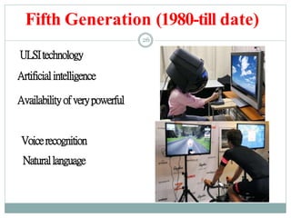 Fifth Generation (1980-till date)
26
ULSItechnology
Artificialintelligence
Availabilityofverypowerful
Voicerecognition
Naturallanguage
 