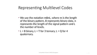 Dr.Nandhini Vineeth, BMSCE,Bangalore 4.104
Representing Multilevel Codes
• We use the notation mBnL, where m is the length
of the binary pattern, B represents binary data, n
represents the length of the signal pattern and L
the number of levels.
• L = B binary, L = T for 3 ternary, L = Q for 4
quaternary.
 