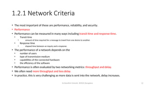 Dr.Nandhini Vineeth, BMSCE,Bangalore 12
1.2.1 Network Criteria
• The most important of these are performance, reliability, and security.
• Performance
• Performance can be measured in many ways including transit time and response time.
• Transit time
• amount of time required for a message to travel from one device to another.
• Response time
• elapsed time between an inquiry and a response.
• The performance of a network depends on the
• number of users
• type of transmission medium
• capabilities of the connected hardware
• the efficiency of the software
• Performance is often evaluated by two networking metrics: throughput and delay.
• We often need more throughput and less delay.
• In practice, this is very challenging as more data is sent into the network, delay increases.
 