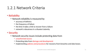 Dr.Nandhini Vineeth, BMSCE,Bangalore 13
1.2.1 Network Criteria
• Reliability
• Network reliability is measured by
• accuracy of delivery
• the frequency of failure
• the time it takes a link to recover from a failure
• network’s robustness in a disaster/calamity
• Security
• Network security issues include protecting data from
• unauthorized access
• Protecting data from damage and development
• implementing policies and procedures for recovery from breaches and data losses.
 