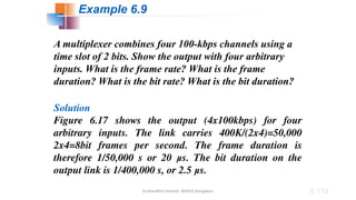 Dr.Nandhini Vineeth, BMSCE,Bangalore 6.174
A multiplexer combines four 100-kbps channels using a
time slot of 2 bits. Show the output with four arbitrary
inputs. What is the frame rate? What is the frame
duration? What is the bit rate? What is the bit duration?
Solution
Figure 6.17 shows the output (4x100kbps) for four
arbitrary inputs. The link carries 400K/(2x4)=50,000
2x4=8bit frames per second. The frame duration is
therefore 1/50,000 s or 20 μs. The bit duration on the
output link is 1/400,000 s, or 2.5 μs.
Example 6.9
 