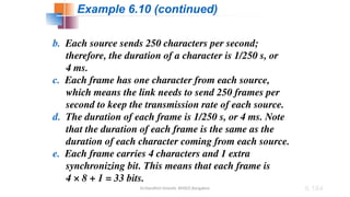Dr.Nandhini Vineeth, BMSCE,Bangalore 6.184
b. Each source sends 250 characters per second;
therefore, the duration of a character is 1/250 s, or
4 ms.
c. Each frame has one character from each source,
which means the link needs to send 250 frames per
second to keep the transmission rate of each source.
d. The duration of each frame is 1/250 s, or 4 ms. Note
that the duration of each frame is the same as the
duration of each character coming from each source.
e. Each frame carries 4 characters and 1 extra
synchronizing bit. This means that each frame is
4 × 8 + 1 = 33 bits.
Example 6.10 (continued)
 