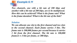 Dr.Nandhini Vineeth, BMSCE,Bangalore 6.185
Two channels, one with a bit rate of 100 kbps and
another with a bit rate of 200 kbps, are to be multiplexed.
How this can be achieved? What is the frame rate? What
is the frame duration? What is the bit rate of the link?
Solution
We can allocate one slot to the first channel and two slots
to the second channel. Each frame carries 3 bits. The
frame rate is 100,000 frames per second because it carries
1 bit from the first channel. The bit rate is 100,000
frames/s × 3 bits per frame, or 300 kbps.
Example 6.11
 