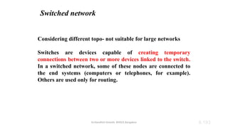 Dr.Nandhini Vineeth, BMSCE,Bangalore 8.193
Considering different topo- not suitable for large networks
Switches are devices capable of creating temporary
connections between two or more devices linked to the switch.
In a switched network, some of these nodes are connected to
the end systems (computers or telephones, for example).
Others are used only for routing.
Switched network
 