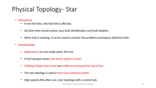 Dr.Nandhini Vineeth, BMSCE,Bangalore 20
• Robustness
• if one link fails, only that link is affected.
• All other links remain active, easy fault identification and fault isolation.
• When hub is working, it can be used to monitor link problems and bypass defective links.
• Disadvantage :
• Dependency on one single point, the hub.
• If the hub goes down, the whole system is dead.
• Cabling is better than mesh but inefficient compared to ring or bus
• The star topology is used in local-area networks (LANs)
• High-speed LANs often use a star topology with a central hub.
Physical Topology- Star
 