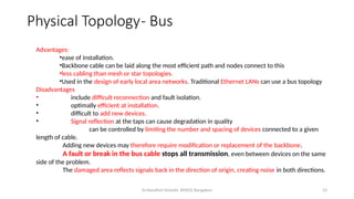 Dr.Nandhini Vineeth, BMSCE,Bangalore 23
Advantages:
•ease of installation.
•Backbone cable can be laid along the most efficient path and nodes connect to this
•less cabling than mesh or star topologies.
•Used in the design of early local area networks. Traditional Ethernet LANs can use a bus topology
Disadvantages
• include difficult reconnection and fault isolation.
• optimally efficient at installation.
• difficult to add new devices.
• Signal reflection at the taps can cause degradation in quality
can be controlled by limiting the number and spacing of devices connected to a given
length of cable.
Adding new devices may therefore require modification or replacement of the backbone.
A fault or break in the bus cable stops all transmission, even between devices on the same
side of the problem.
The damaged area reflects signals back in the direction of origin, creating noise in both directions.
Physical Topology- Bus
 