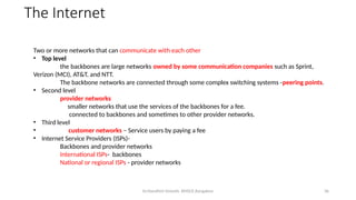 Dr.Nandhini Vineeth, BMSCE,Bangalore 36
The Internet
Two or more networks that can communicate with each other
• Top level
the backbones are large networks owned by some communication companies such as Sprint,
Verizon (MCI), AT&T, and NTT.
The backbone networks are connected through some complex switching systems -peering points.
• Second level
provider networks
smaller networks that use the services of the backbones for a fee.
connected to backbones and sometimes to other provider networks.
• Third level
• customer networks – Service users by paying a fee
• Internet Service Providers (ISPs)-
Backbones and provider networks
International ISPs- backbones
National or regional ISPs - provider networks
 