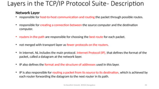 Dr.Nandhini Vineeth, BMSCE,Bangalore 50
Network Layer
• responsible for host-to-host communication and routing the packet through possible routes.
• responsible for creating a connection between the source computer and the destination
computer.
• routers in the path are responsible for choosing the best route for each packet.
• not merged with transport layer as fewer protocols on the routers.
• In internet, NL includes the main protocol, Internet Protocol (IP), that defines the format of the
packet, called a datagram at the network layer.
• IP also defines the format and the structure of addresses used in this layer.
• IP is also responsible for routing a packet from its source to its destination, which is achieved by
each router forwarding the datagram to the next router in its path.
Layers in the TCP/IP Protocol Suite- Description
 