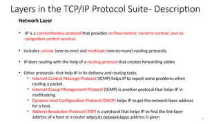 Dr.Nandhini Vineeth, BMSCE,Bangalore 51
Network Layer
• IP is a connectionless protocol that provides no flow control, no error control, and no
congestion control services
• includes unicast (one-to-one) and multicast (one-to-many) routing protocols.
• IP does routing with the help of a routing protocol that creates forwarding tables
• Other protocols- that help IP in its delivery and routing tasks.
• Internet Control Message Protocol (ICMP) helps IP to report some problems when
routing a packet.
• Internet Group Management Protocol (IGMP) is another protocol that helps IP in
multitasking.
• Dynamic Host Configuration Protocol (DHCP) helps IP to get the network-layer address
for a host.
• Address Resolution Protocol (ARP) is a protocol that helps IP to find the link-layer
address of a host or a router when its network-layer address is given
Layers in the TCP/IP Protocol Suite- Description
 