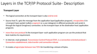 Dr.Nandhini Vineeth, BMSCE,Bangalore 52
Transport Layer
• The logical connection at the transport layer is also end-to-end.
• Source host TL -gets the message from the application layer(application program), encapsulates it in
a transport layer packet (called a segment or a user datagram in different protocols) and sends it,
through the logical (imaginary) connection, to the transport layer at the destination host (application
program).
• more than one protocol in the transport layer- each application program can use the protocol that
best matches its requirement.
• In Internet, main protocol, Transmission Control Protocol (TCP), is a connection-oriented protocol –
Connection establishment, data transfer and connection release
• It creates a logical pipe between two TCPs for transferring a stream of bytes.
Layers in the TCP/IP Protocol Suite- Description
 