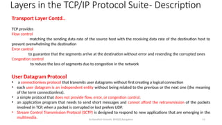 Dr.Nandhini Vineeth, BMSCE,Bangalore 53
Transport Layer Contd..
TCP provides
Flow control
matching the sending data rate of the source host with the receiving data rate of the destination host to
prevent overwhelming the destination
Error control
to guarantee that the segments arrive at the destination without error and resending the corrupted ones
Congestion control
to reduce the loss of segments due to congestion in the network
User Datagram Protocol
• a connectionless protocol that transmits user datagrams without first creating a logical connection
• each user datagram is an independent entity without being related to the previous or the next one (the meaning
of the term connectionless).
• a simple protocol that does not provide flow, error, or congestion control.
• an application program that needs to send short messages and cannot afford the retransmission of the packets
involved in TCP, when a packet is corrupted or lost prefers UDP.
• Stream Control Transmission Protocol (SCTP) is designed to respond to new applications that are emerging in the
multimedia.
Layers in the TCP/IP Protocol Suite- Description
 