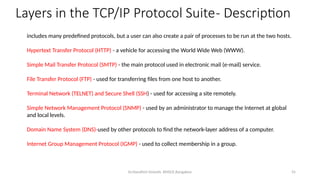 Dr.Nandhini Vineeth, BMSCE,Bangalore 55
includes many predefined protocols, but a user can also create a pair of processes to be run at the two hosts.
Hypertext Transfer Protocol (HTTP) - a vehicle for accessing the World Wide Web (WWW).
Simple Mail Transfer Protocol (SMTP) - the main protocol used in electronic mail (e-mail) service.
File Transfer Protocol (FTP) - used for transferring files from one host to another.
Terminal Network (TELNET) and Secure Shell (SSH) - used for accessing a site remotely.
Simple Network Management Protocol (SNMP) - used by an administrator to manage the Internet at global
and local levels.
Domain Name System (DNS)-used by other protocols to find the network-layer address of a computer.
Internet Group Management Protocol (IGMP) - used to collect membership in a group.
Layers in the TCP/IP Protocol Suite- Description
 
