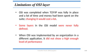 Dr.Nandhini Vineeth, BMSCE,Bangalore 2.64
Limitations of OSI layer
• OSI was completed when TCP/IP was fully in place
and a lot of time and money had been spent on the
suite; changing it would cost a lot.
• Some layers in the OSI model were never fully
defined.
• When OSI was implemented by an organization in a
different application, it did not show a high enough
level of performance
 