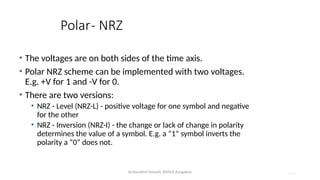 Dr.Nandhini Vineeth, BMSCE,Bangalore 4.89
Polar- NRZ
• The voltages are on both sides of the time axis.
• Polar NRZ scheme can be implemented with two voltages.
E.g. +V for 1 and -V for 0.
• There are two versions:
• NRZ - Level (NRZ-L) - positive voltage for one symbol and negative
for the other
• NRZ - Inversion (NRZ-I) - the change or lack of change in polarity
determines the value of a symbol. E.g. a “1” symbol inverts the
polarity a “0” does not.
 