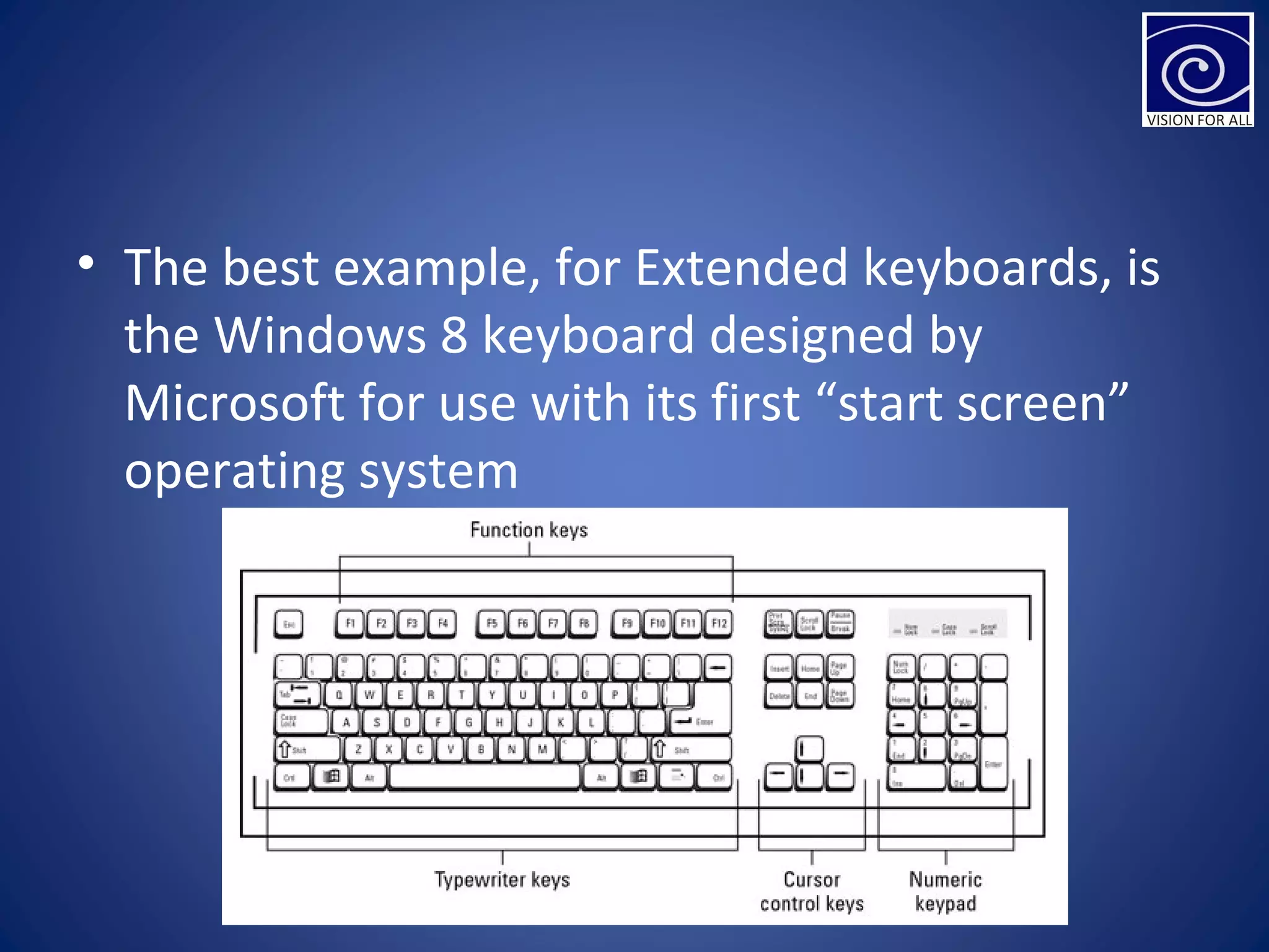 • The best example, for Extended keyboards, is
the Windows 8 keyboard designed by
Microsoft for use with its first “start screen”
operating system
 