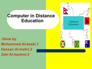 Computer in Distance    Education Done by: 1.Mohammed Al-kasbi 2.Hassan Al-mahri 3.Zaki Al-hashmi Distance  Education 