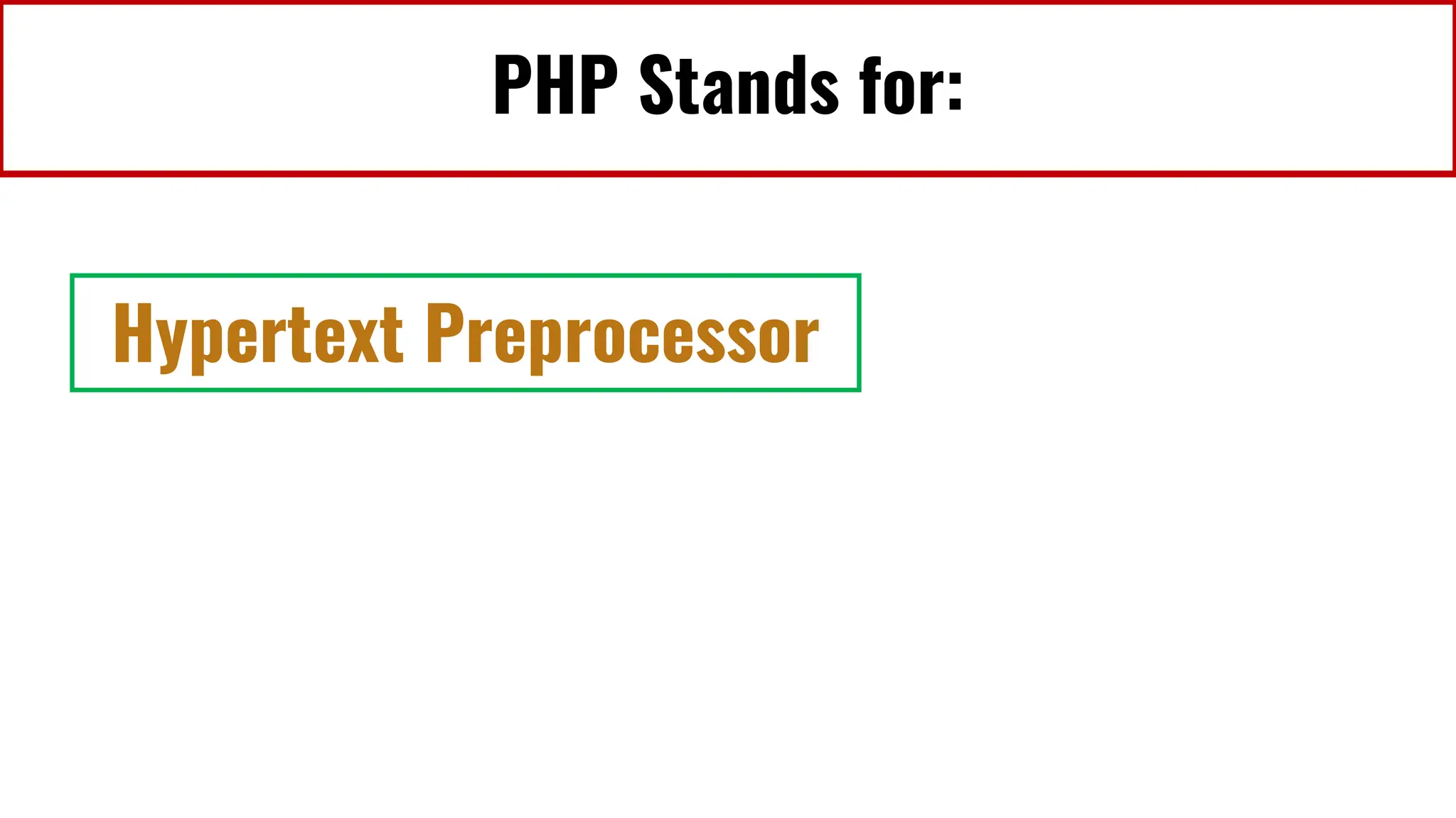 PHP Stands for:
Hypertext Preprocessor
 