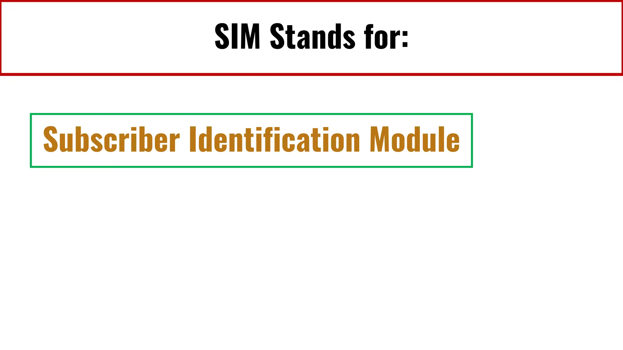 SIM Stands for:
Subscriber Identification Module
 